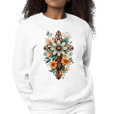 Women's Graphic Sweatshirt Christian Cross Floral Bouquet Green