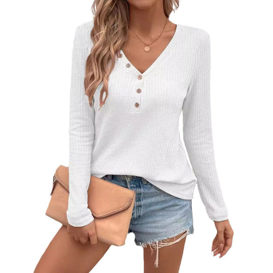 Waffle V-neck Button Long Sleeve T-shirt