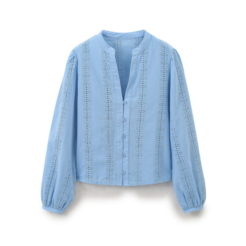 European And American Temperament Crew Neck Long Sleeve Single-breasted Blue Embroidered Shirt For Women