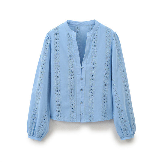 European And American Temperament Crew Neck Long Sleeve Single-breasted Blue Embroidered Shirt For Women