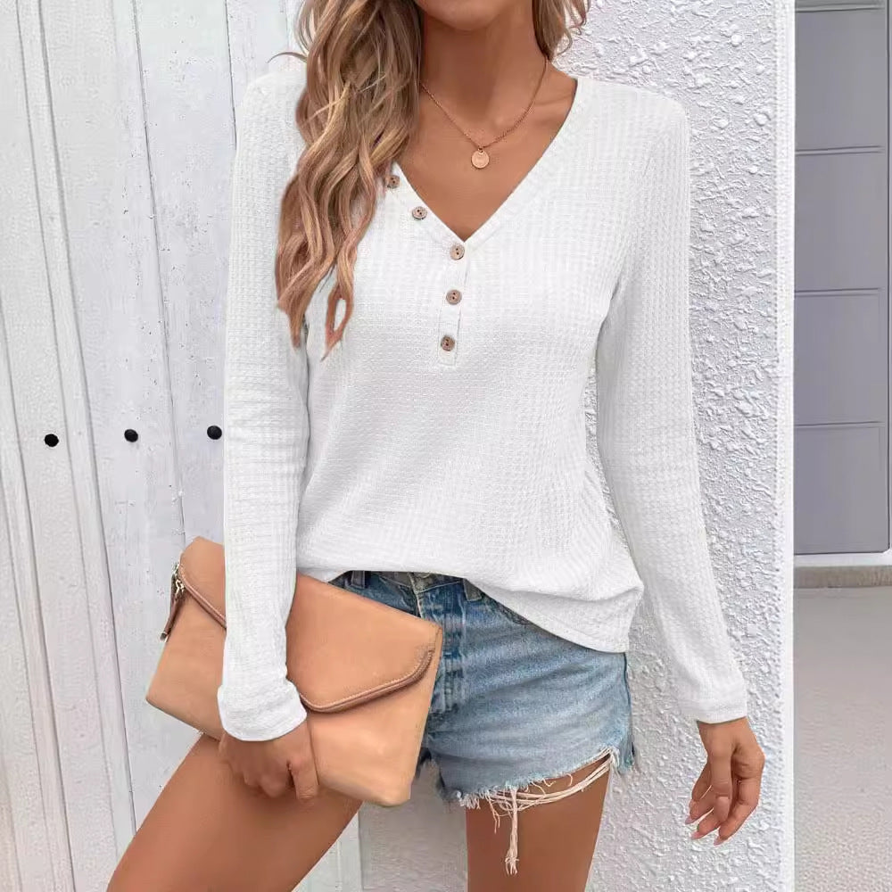 Waffle V-neck Button Long Sleeve T-shirt