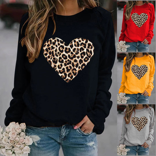 Leopard Heart Plush Long Sleeve Sweater