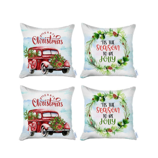 Set of Four Green Christmas Christmas Tree Fabric Throw Pillow Covers-2