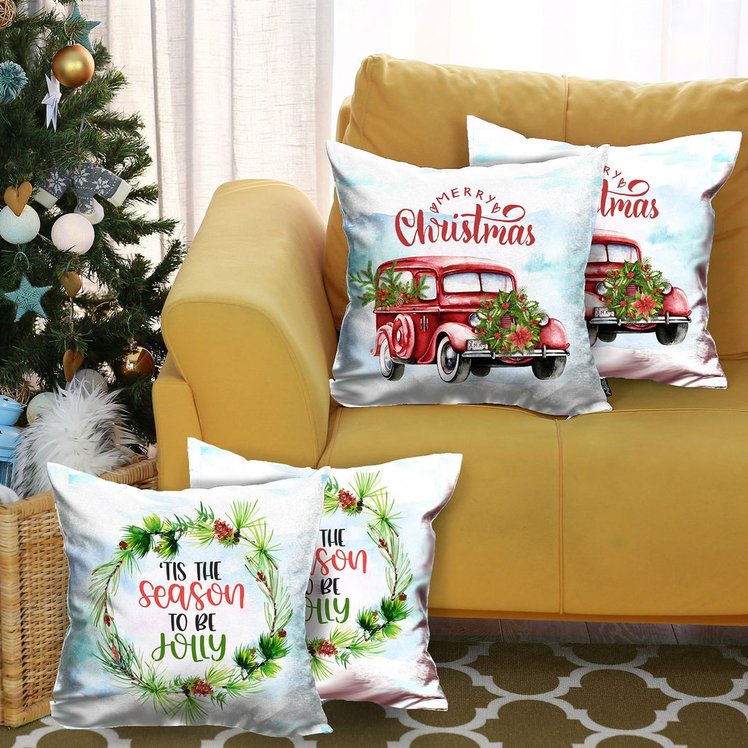 Set of Four Green Christmas Christmas Tree Fabric Throw Pillow Covers-5