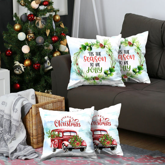 Set of Four Green Christmas Christmas Tree Fabric Throw Pillow Covers-6