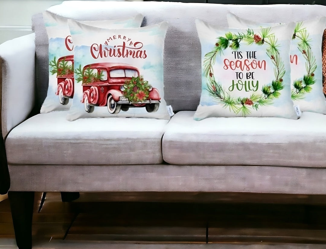 Set of Four Green Christmas Christmas Tree Fabric Throw Pillow Covers-0
