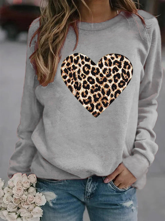 Leopard Heart Plush Long Sleeve Sweater