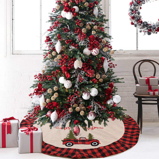 Farmhouse Linen Red Truck Christmas Tree Skirt
