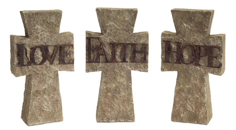 Set of Three 11" Gray Cement Cross Statue Tabletop Sculpture-1