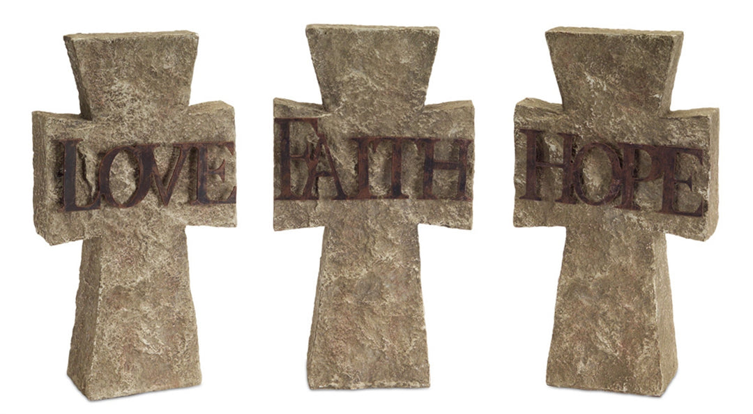 Set of Three 11" Gray Cement Cross Statue Tabletop Sculpture-1
