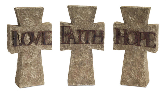 Set of Three 11" Gray Cement Cross Statue Tabletop Sculpture-1