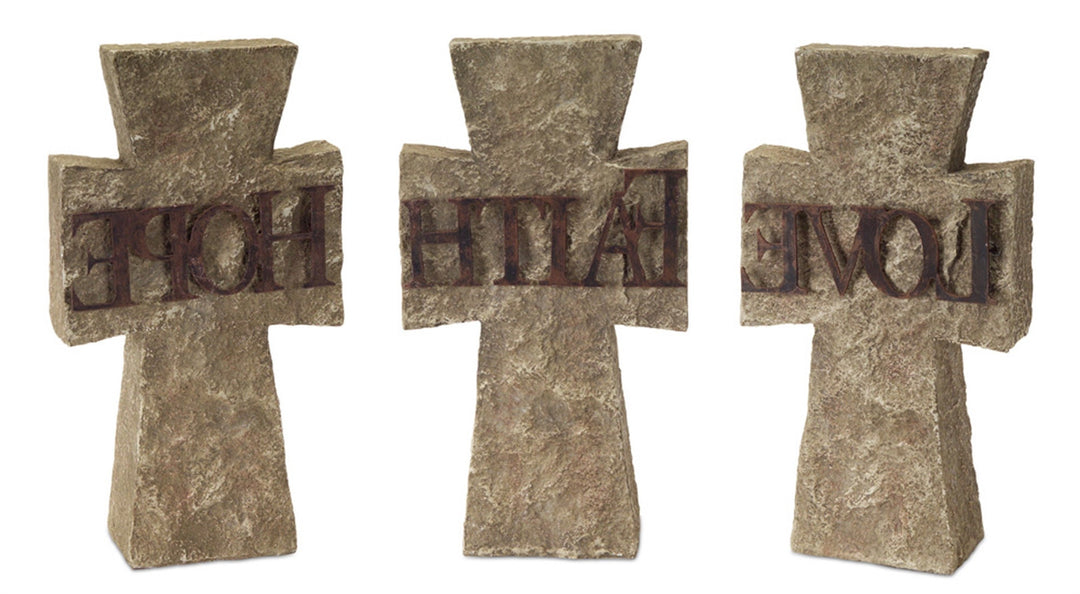 Set of Three 11" Gray Cement Cross Statue Tabletop Sculpture-2