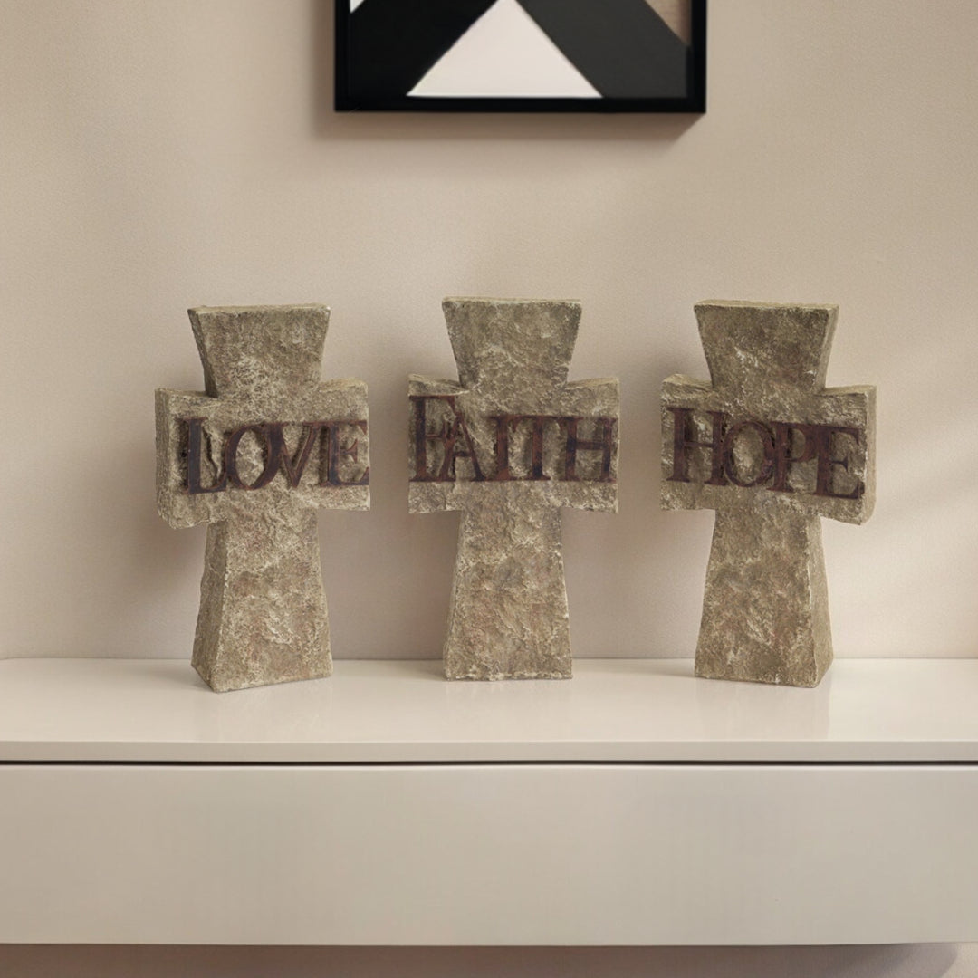 Set of Three 11" Gray Cement Cross Statue Tabletop Sculpture-0