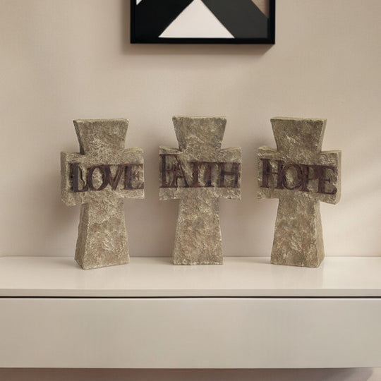 Set of Three 11" Gray Cement Cross Statue Tabletop Sculpture-0
