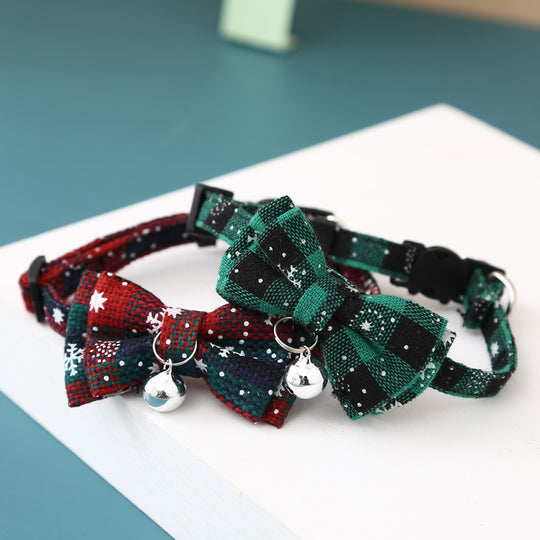 Christmas Snowflake Plaid Bow Bell Pet Collar