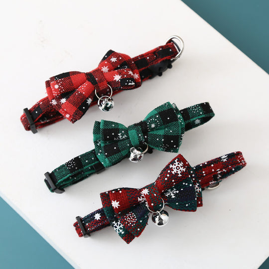 Christmas Snowflake Plaid Bow Bell Pet Collar