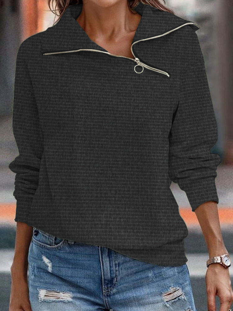 Women's Retro Casual Slant Collar Zipper Solid Color Sweatshirt