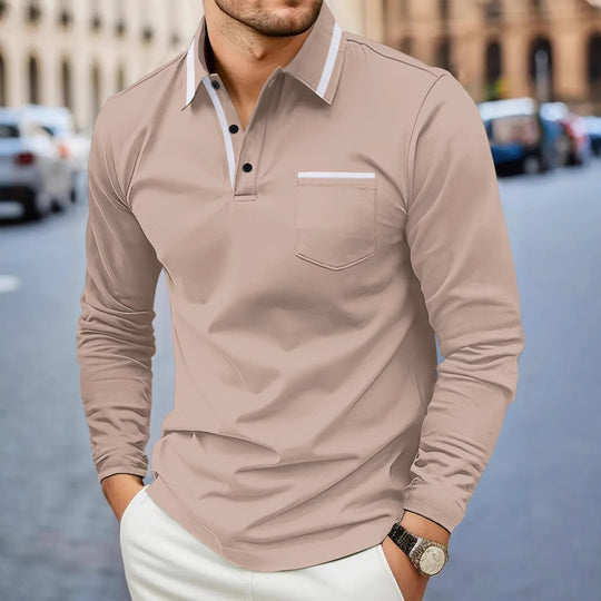 Men's Daily Casual Pocket Solid Color Long Sleeve Polo Shirt