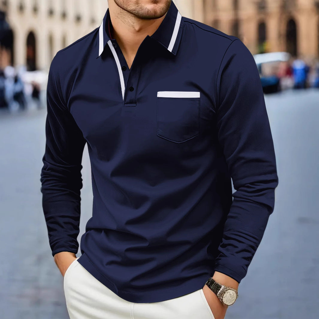 Men's Daily Casual Pocket Solid Color Long Sleeve Polo Shirt