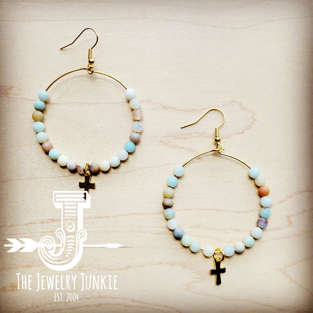 Beaded Hoop Earrings- Amazonite w/ Cross Dangle 215f-0