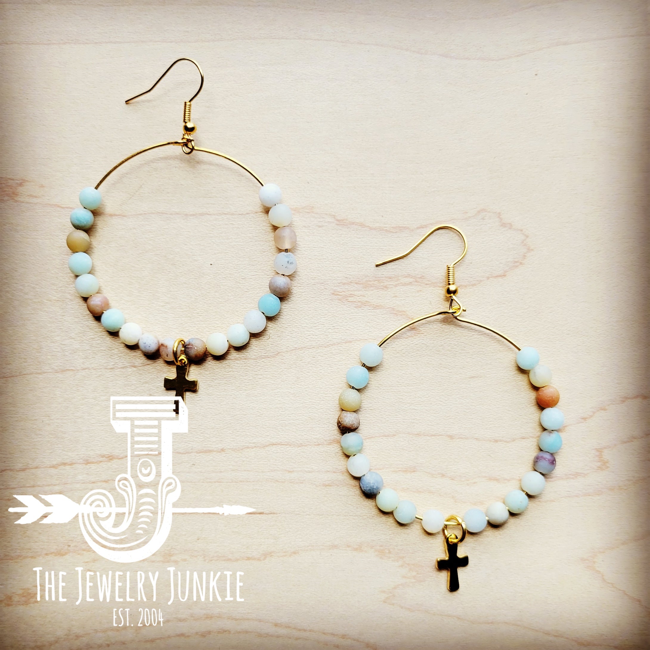 Beaded Hoop Earrings- Amazonite w/ Cross Dangle 215f-0