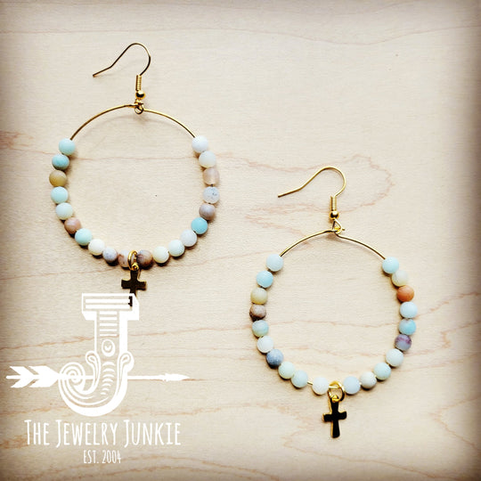 Beaded Hoop Earrings- Amazonite w/ Cross Dangle 215f-0