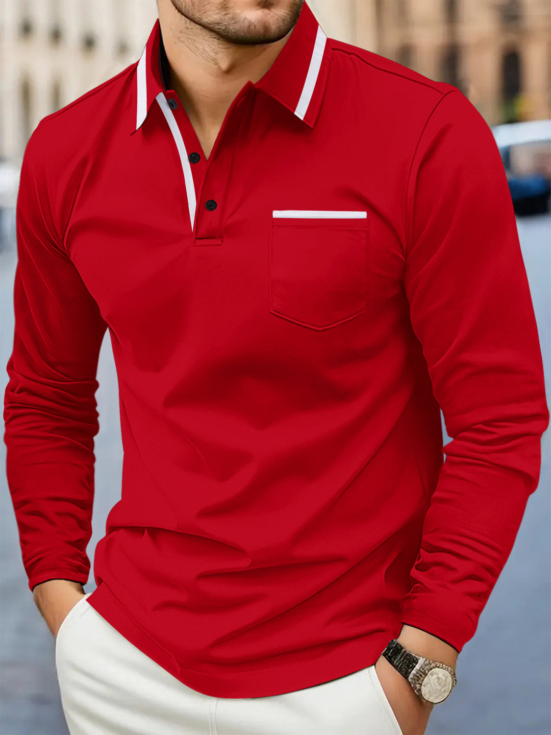 Men's Daily Casual Pocket Solid Color Long Sleeve Polo Shirt