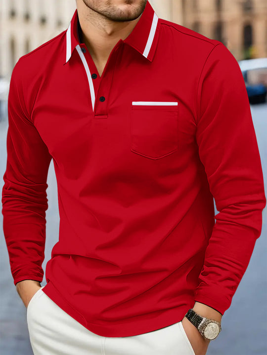 Men's Daily Casual Pocket Solid Color Long Sleeve Polo Shirt