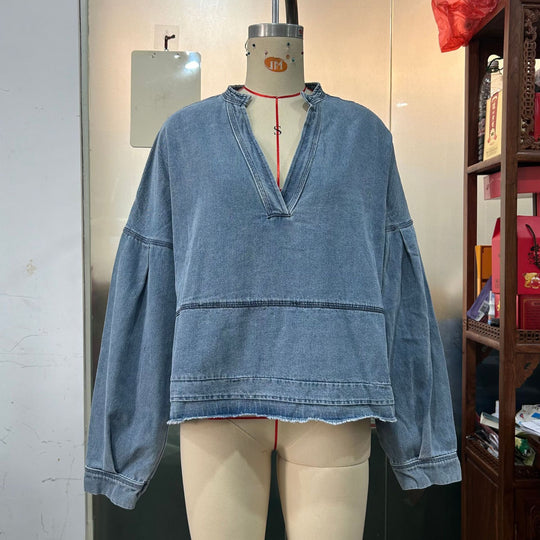 New V-neck Long Sleeve Loose Stitching Denim Long Sleeve Loose All-matching Top