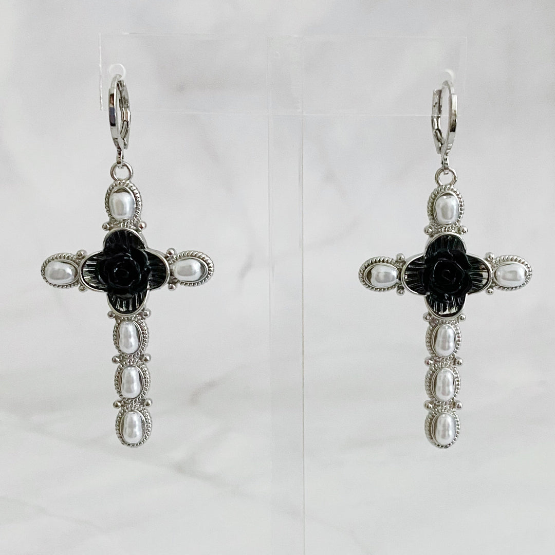 Black Rose Cross Earrings-2
