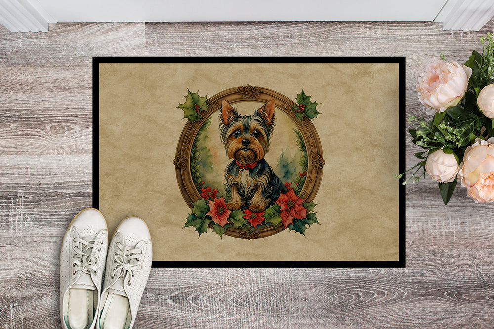 Yorkie Christmas Flowers Doormat-1