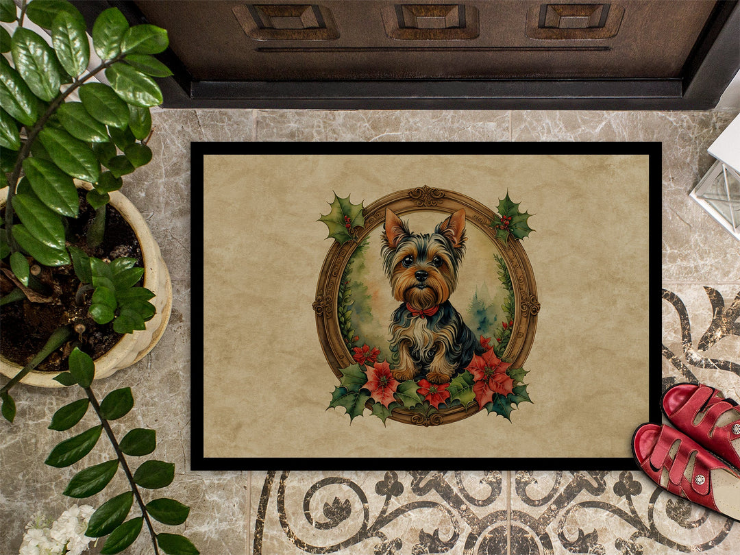 Yorkie Christmas Flowers Doormat-2