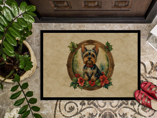 Yorkie Christmas Flowers Doormat-2