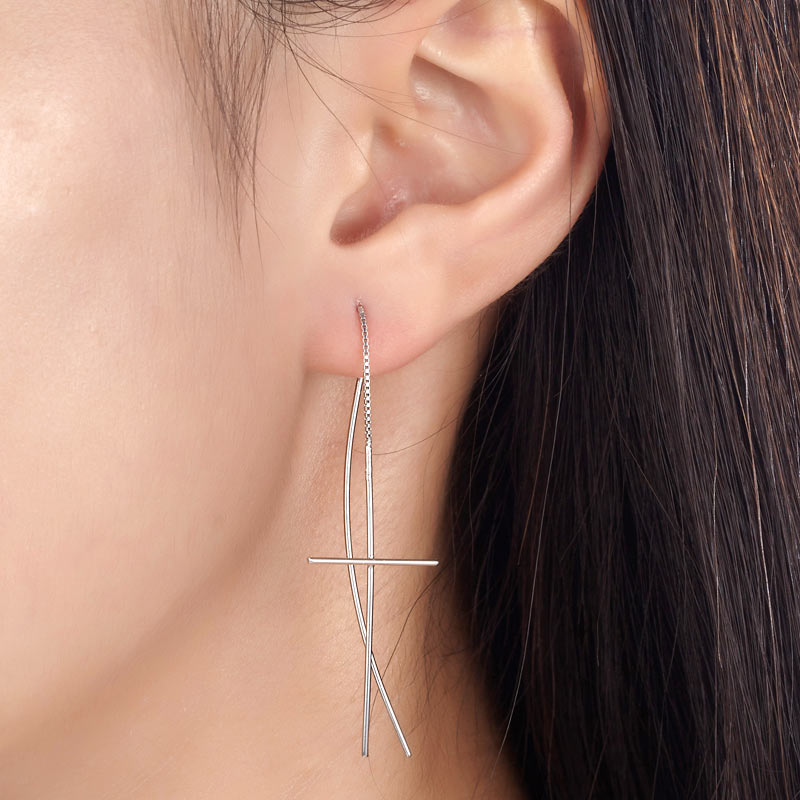 Dangle Drop Cross 925 Sterling Silver Earrings Long Elegant XFE8137-1