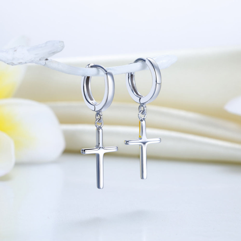 Solid 925 Sterling Silver Dangle Cross Earrings-1