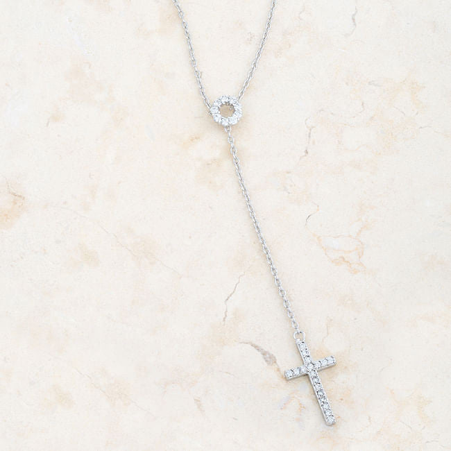 Miranda 0.3ct CZ Rhodium Classic Lariat Cross Necklace-2