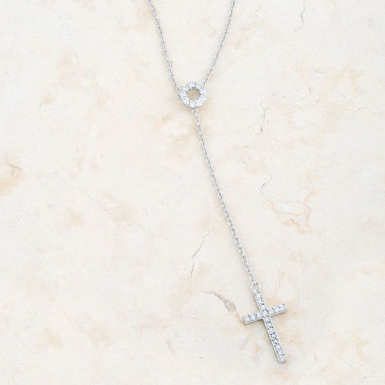 Miranda 0.3ct CZ Rhodium Classic Lariat Cross Necklace-2