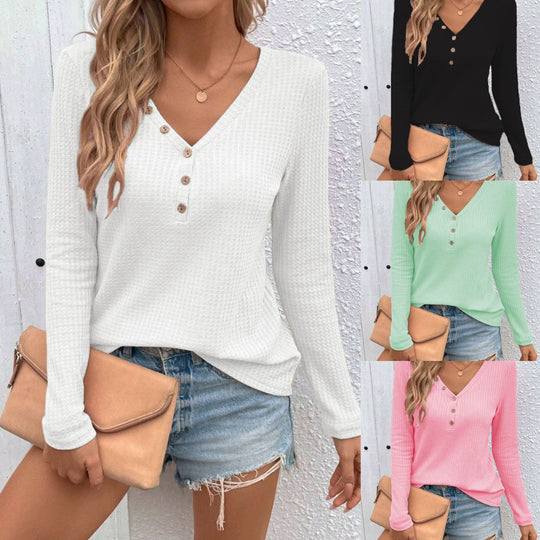 Waffle V-neck Button Long Sleeve T-shirt