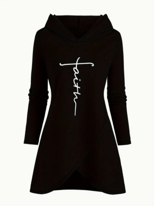 Women's Casual Long Hoodie With Faith Cross Design