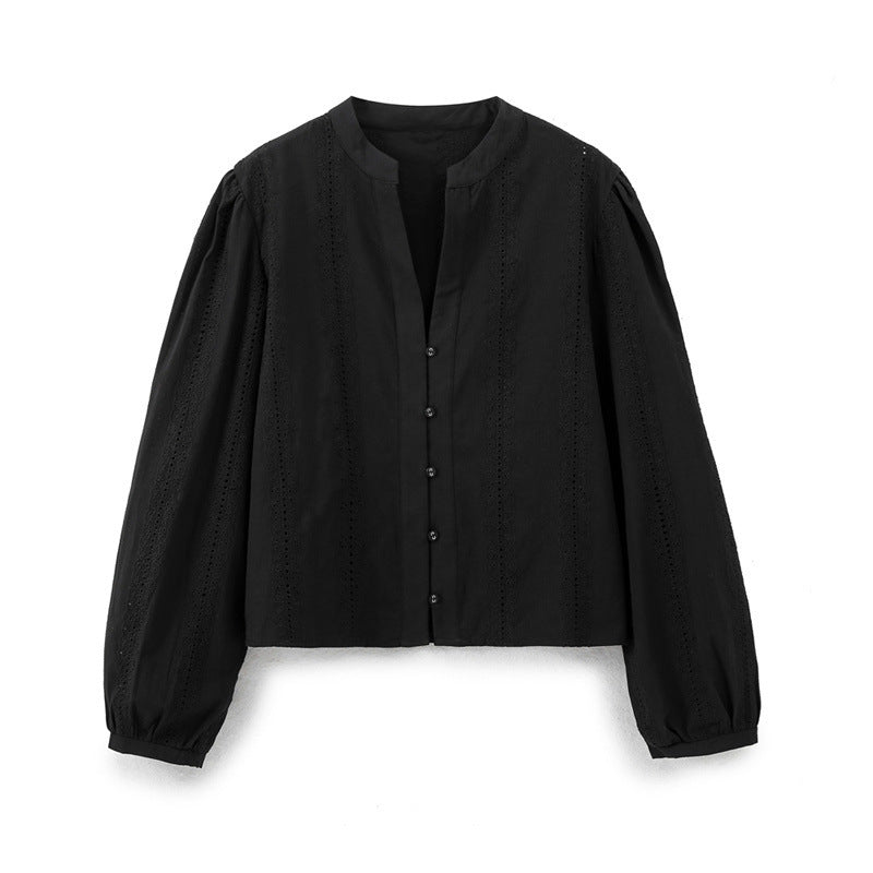 European And American Temperament Crew Neck Long Sleeve Single-breasted Blue Embroidered Shirt For Women