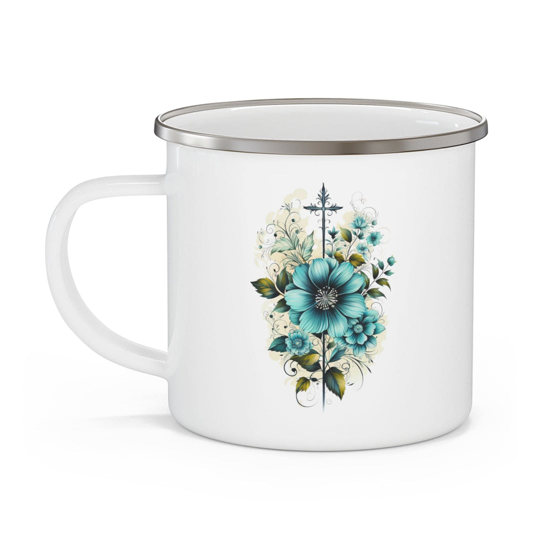 Enamel Camping Mug Blue Green Christian Cross Floral Bouquet Illustration-2