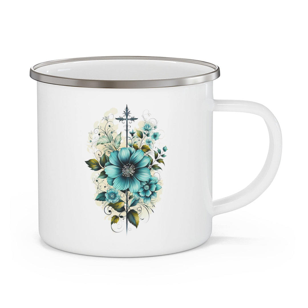 Enamel Camping Mug Blue Green Christian Cross Floral Bouquet Illustration-0