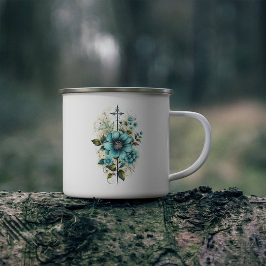 Enamel Camping Mug Blue Green Christian Cross Floral Bouquet Illustration-3