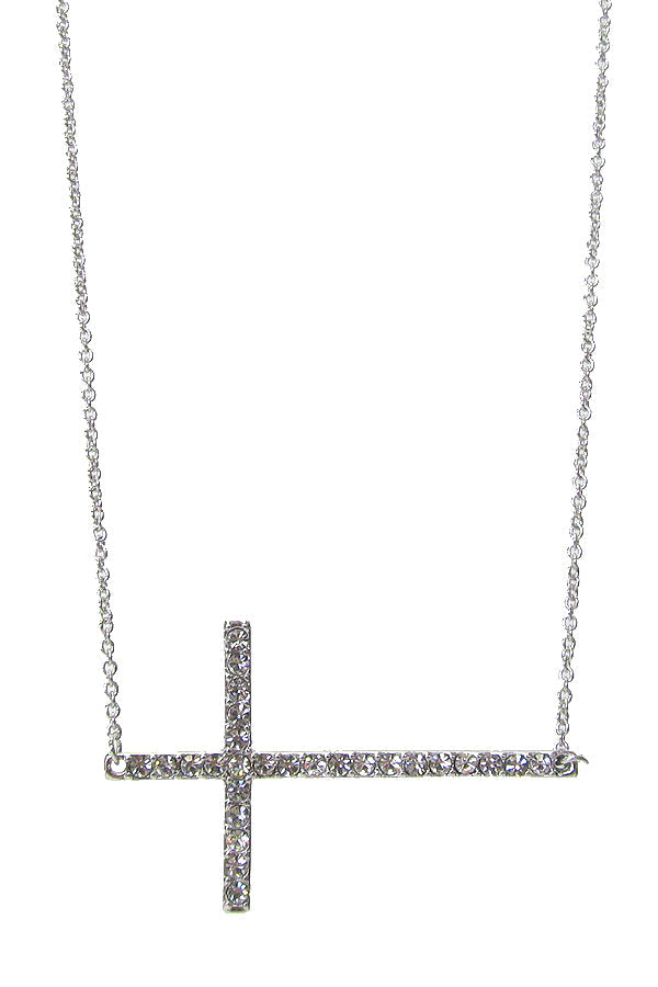 MADE IN KOREA WHITEGOLD PLATING CRYSTAL CROSS PENDANT NECKLACE-0