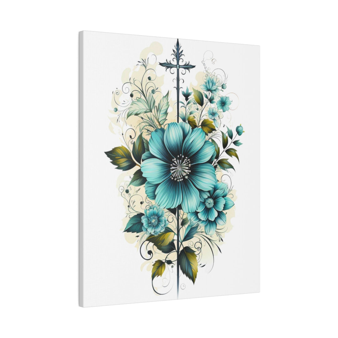 Wall Decor - Giclee Poster Art Print - Blue Green Christian Cross Floral Bouquet-1