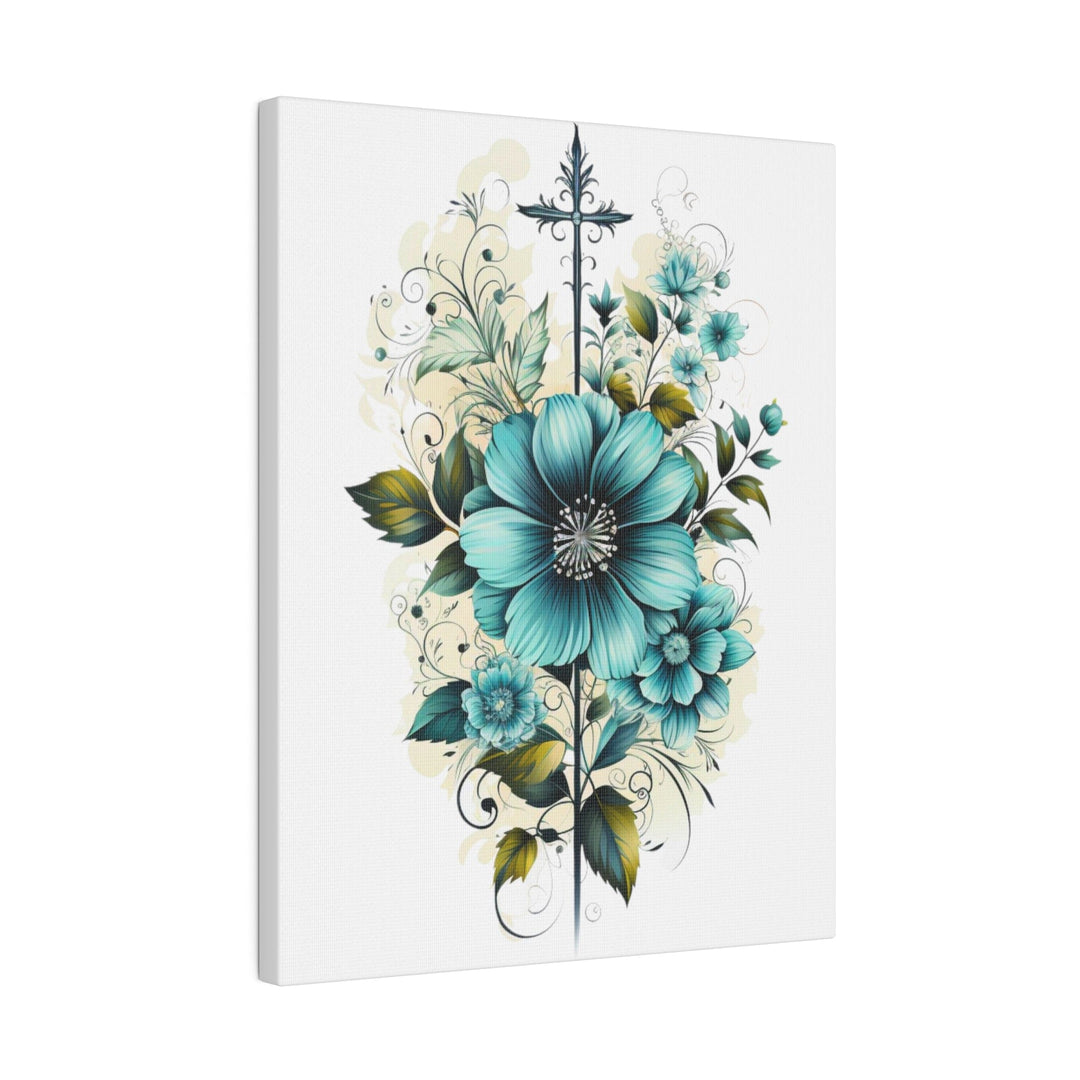 Wall Decor - Giclee Poster Art Print - Blue Green Christian Cross Floral Bouquet-0