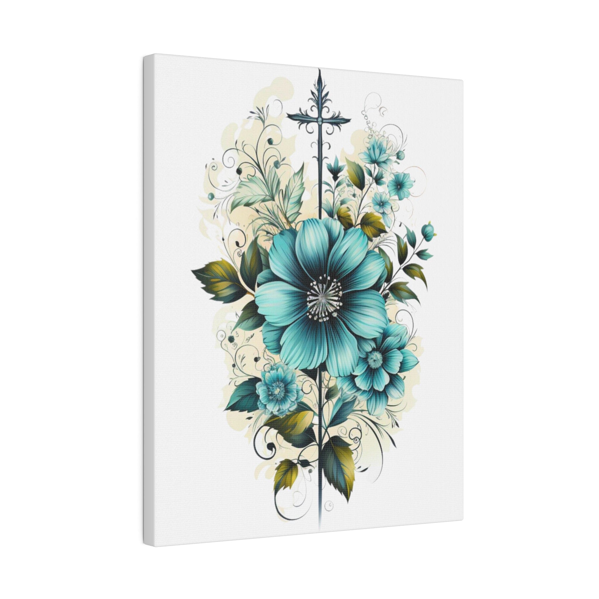 Wall Decor - Giclee Poster Art Print - Blue Green Christian Cross Floral Bouquet-0