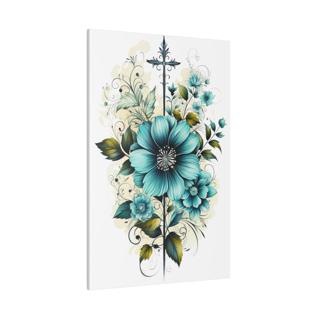 Wall Decor - Giclee Poster Art Print - Blue Green Christian Cross Floral Bouquet-3