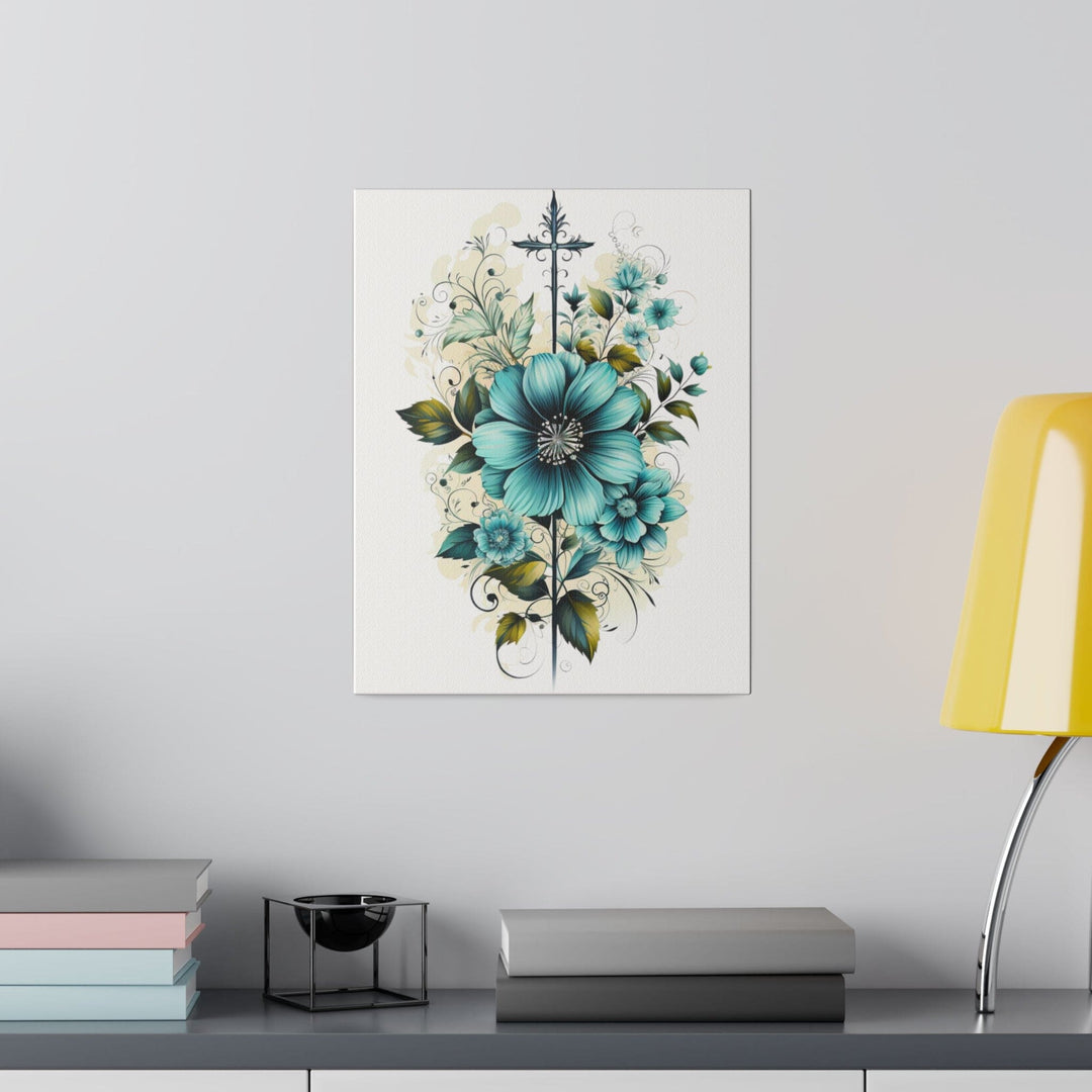 Wall Decor - Giclee Poster Art Print - Blue Green Christian Cross Floral Bouquet-4