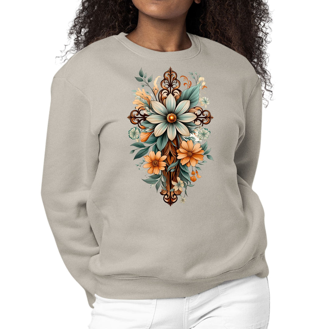 Womens Graphic Sweatshirt Christian Cross Floral Bouquet Green-7